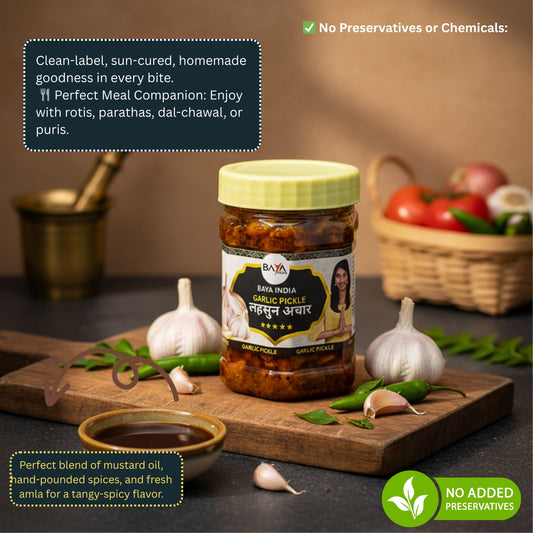 🧄 The Golden Pearl: Why Baya India’s Traditional Garlic Pickle in Mustard Oil is a Flavor & Wellness Essential! ✨