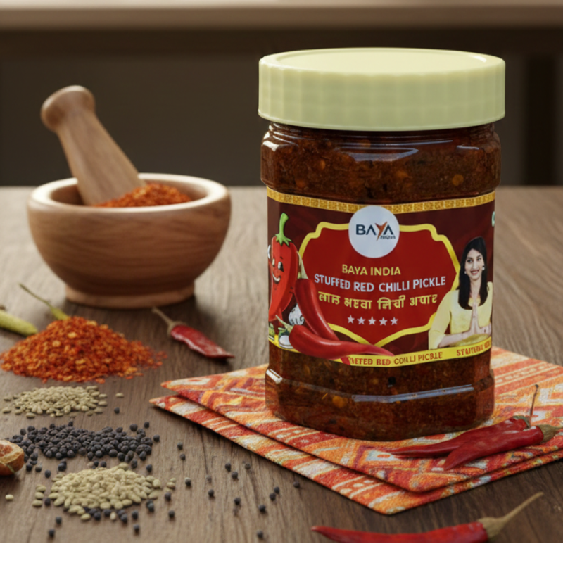 🌶️🔥 The Fiery Heart: Baya India's Traditional Homemade Lal Bharwa Mirchi Pickle