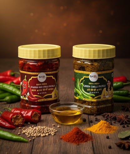 Combo Offer – Lal Bharwa Mirchi & Hari Mirchi (400g each)