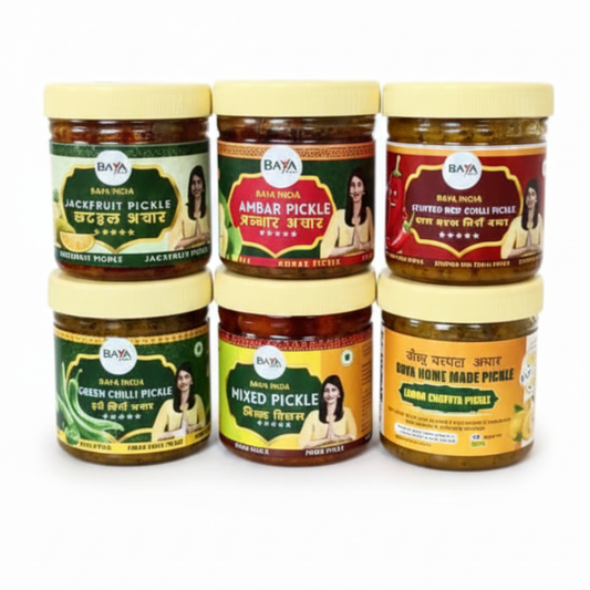 Combo Pack of Six | Lemon Chatpata Pickle ,Mixed Pickle, Jackfruit Pickle (Kathal Achar), Ambar Pickle (Ambar Achar), Stuffed Red Chilli Pickle ,Green Chilli Pickle (Hari Mirch Achar)
