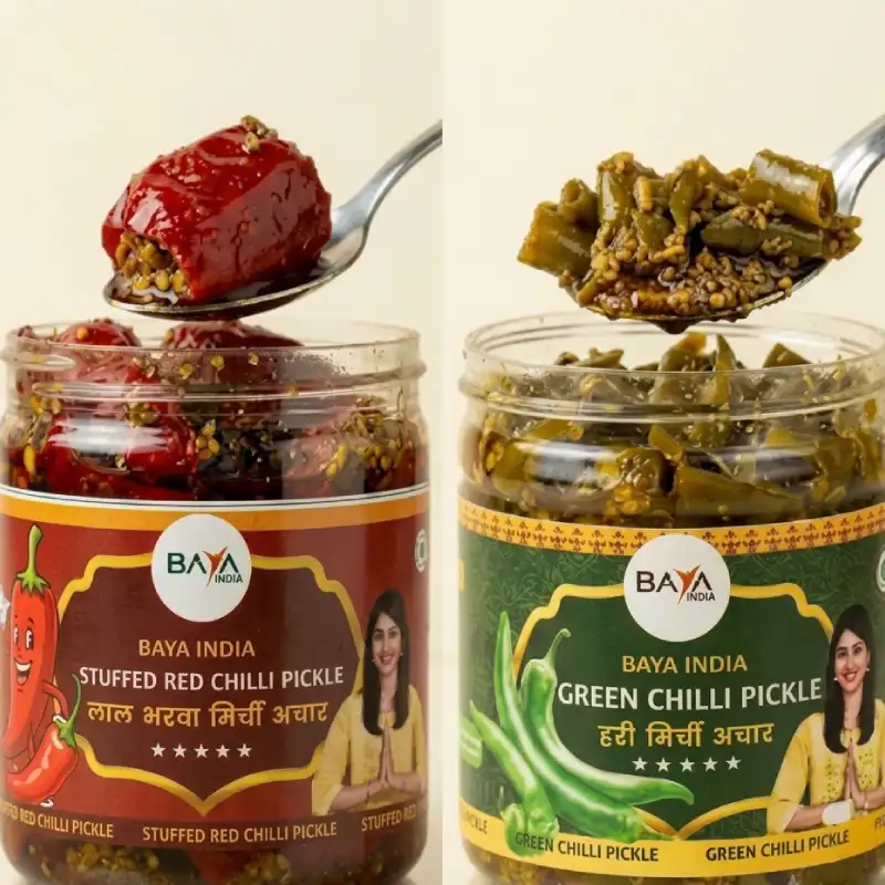 Lal Mirchi Bharwa & Green Chilli Pickle  Combo Each 250g